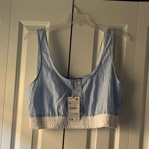 NWT Zara Blue Striped Poplin Crop Top, 100% Cotton, XXL
